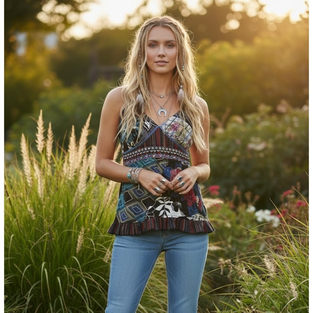 101 Idees Patchwork Embroidered Tank Top Size Medium Peace Smocking Ruffle Boho